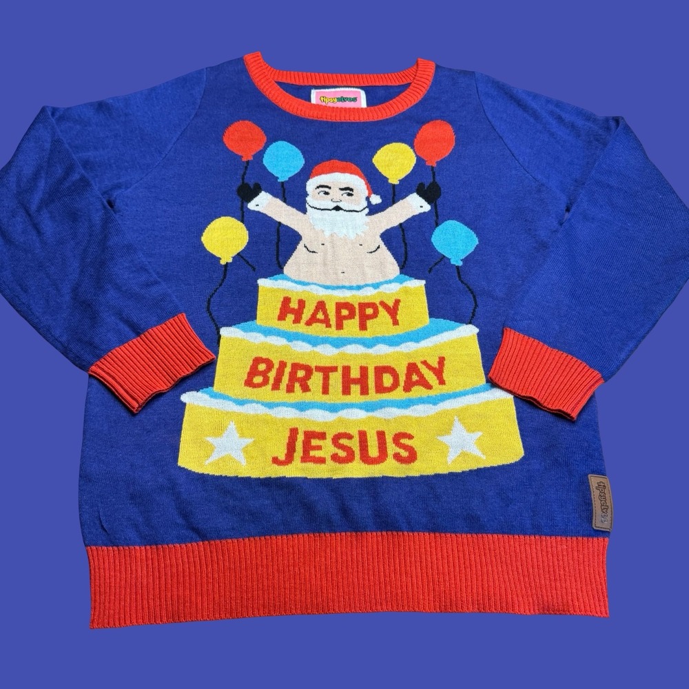 Tipsy Elves Sweater Medium Blue Red Happy Birthday Jesus Santa Christmas